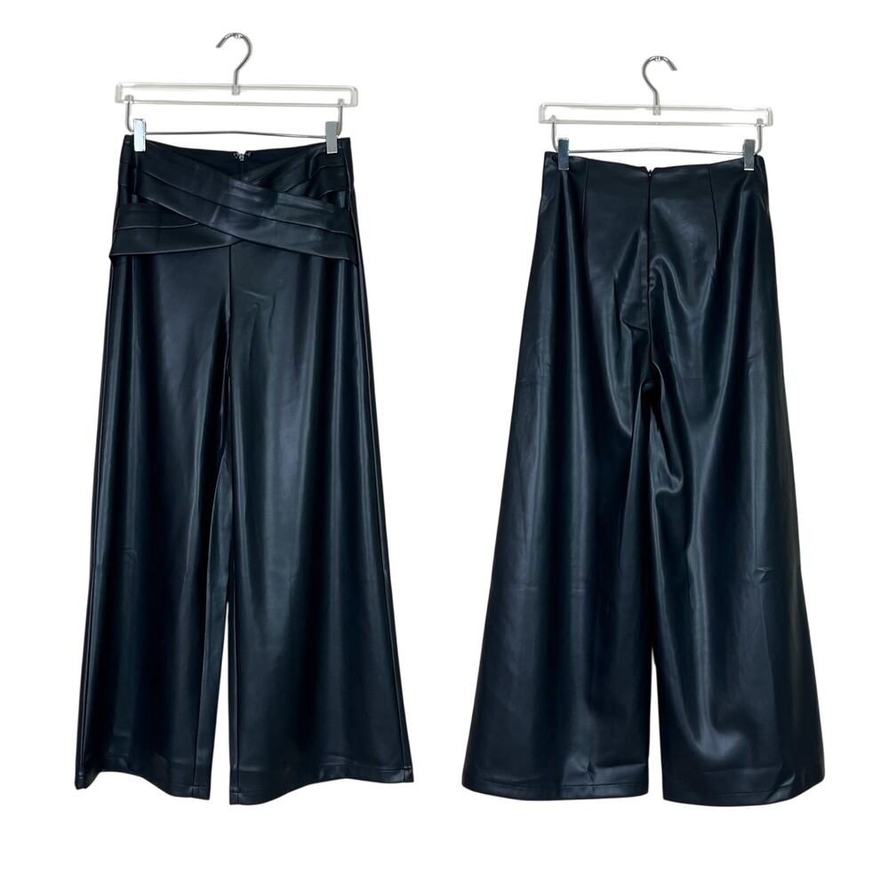 NEW Commense | Faux Leather Wide Leg Pants Black High Rise Culotte Trousers M